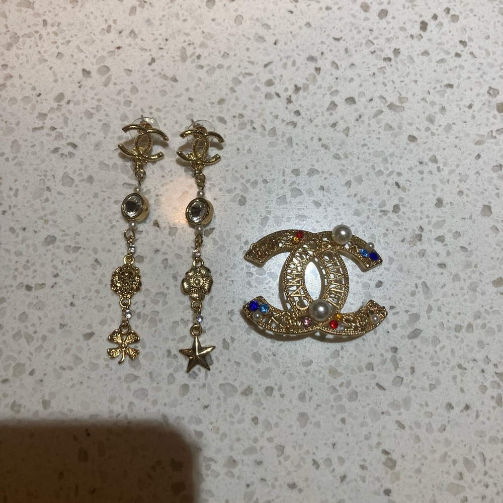 Chanel Gold Earrings and Brooch Set